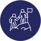 Training & Counseling Pictogram of an individual assisting another in climbing to the peak of a rock with a flag planted atop