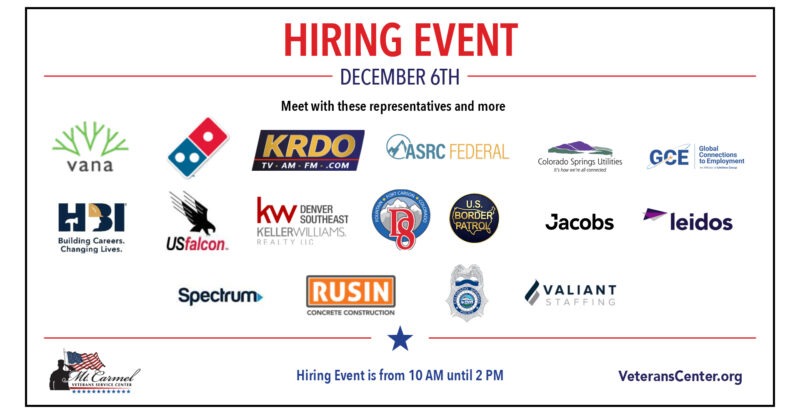 hiring event with business logos of vana, dominos, krdo, asrc federal, colorado spring sutilities, global connections to employment, hbi, us falcon, heller wiliams, DS, us border patrol, jacobs, leidos, spectrum, rusin, colorado police department, valiant staffing