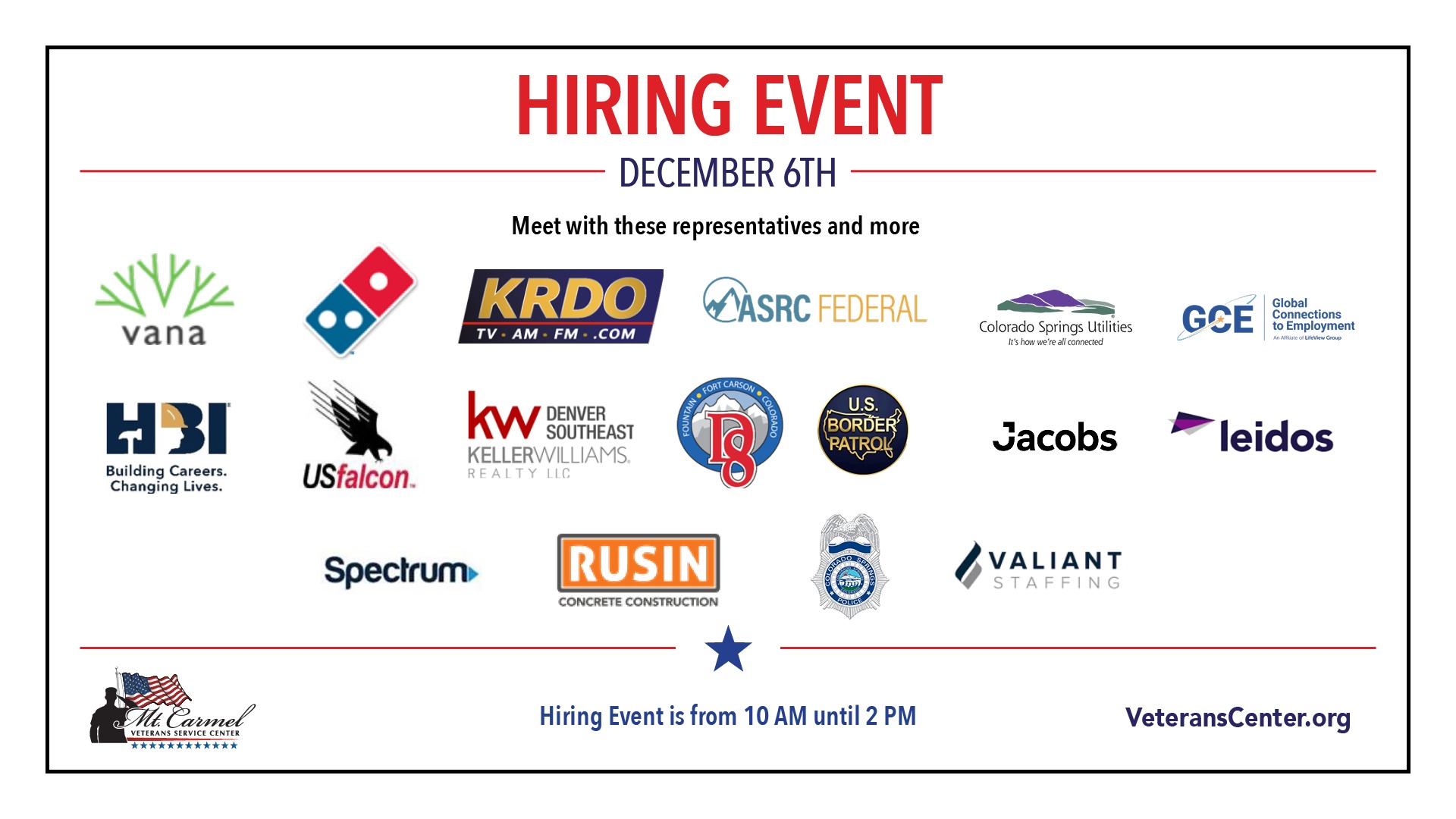 hiring event with business logos of vana, dominos, krdo, asrc federal, colorado spring sutilities, global connections to employment, hbi, us falcon, heller wiliams, DS, us border patrol, jacobs, leidos, spectrum, rusin, colorado police department, valiant staffing