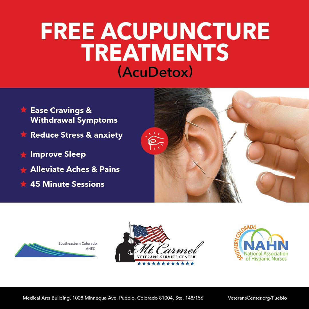 Acupuncture treatments acudetox graphic social image with ear and needles and logos for southeastern colorado AHEC, Mt. Carmel. and NAHN