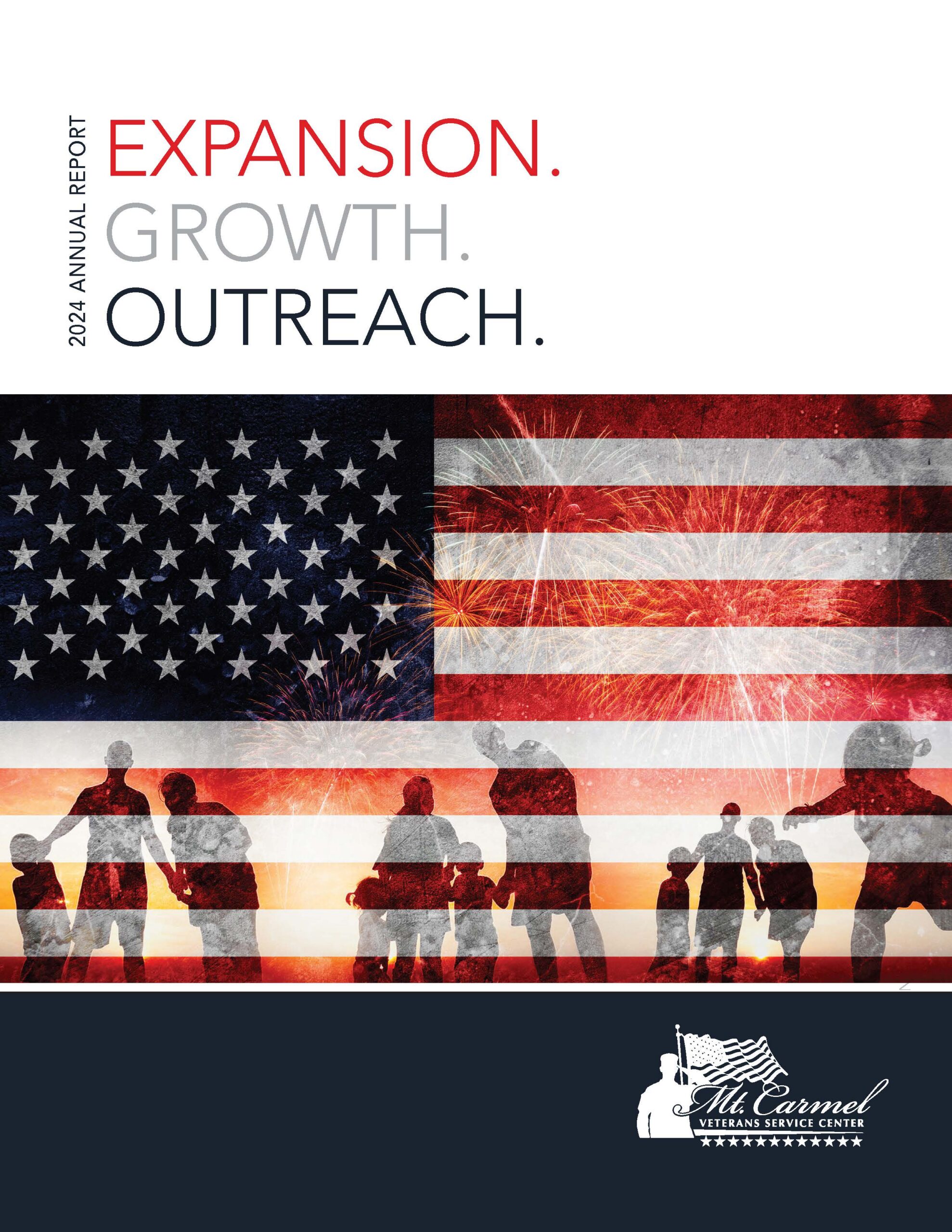 2024 cover Cover for the 2024 Mt. Carmel Report featuring an American flag and Soldiers